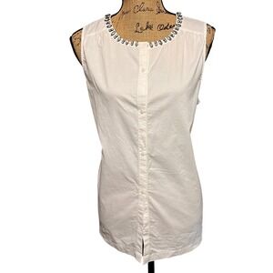 LOFT Sleeveless Top Embellished Neck Button Down Cotton‎ White Blouse Size L